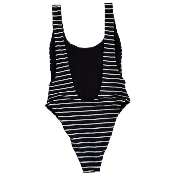 AERIE High Leg Low‎ Back Black/White Stripe One Piece Swimsuit-Size S - Picture 4 of 7